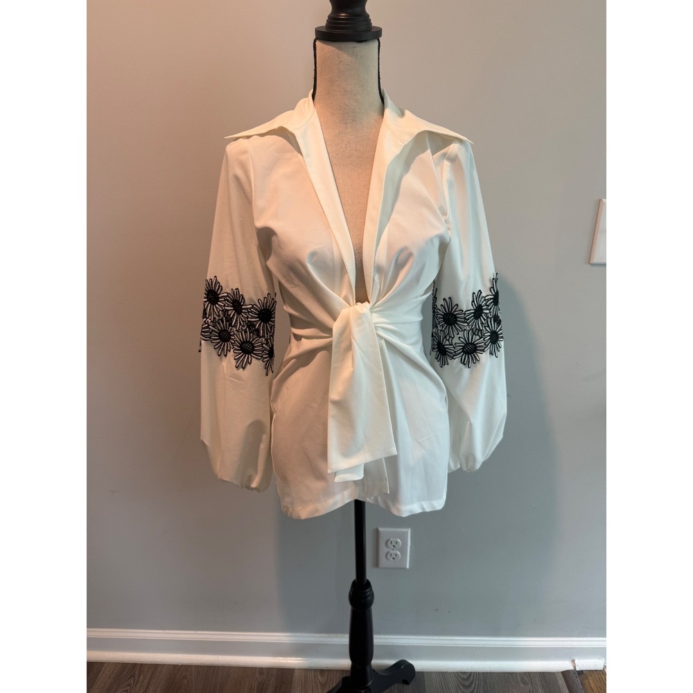 Joseph Ribkoff White Tie Front Tunic Blouse Black Floral Embroidery Size 6